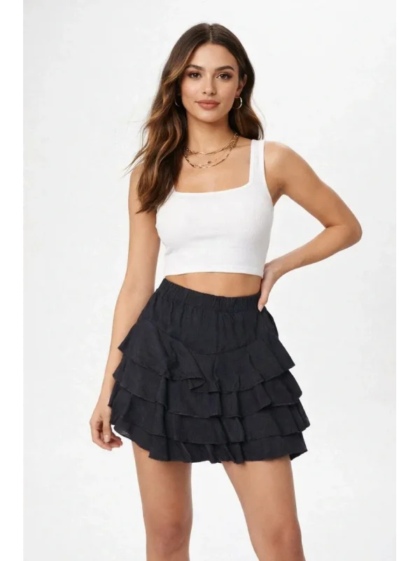 Kadın Siyah Katlı Mini Fırfıtlı Etek Lastikli Yüksel Bel, Volanlı Tasarım, Rahat Kalıp, Günlük ve Şık Kombinelere Uygun Yazlık Etek - Siyah