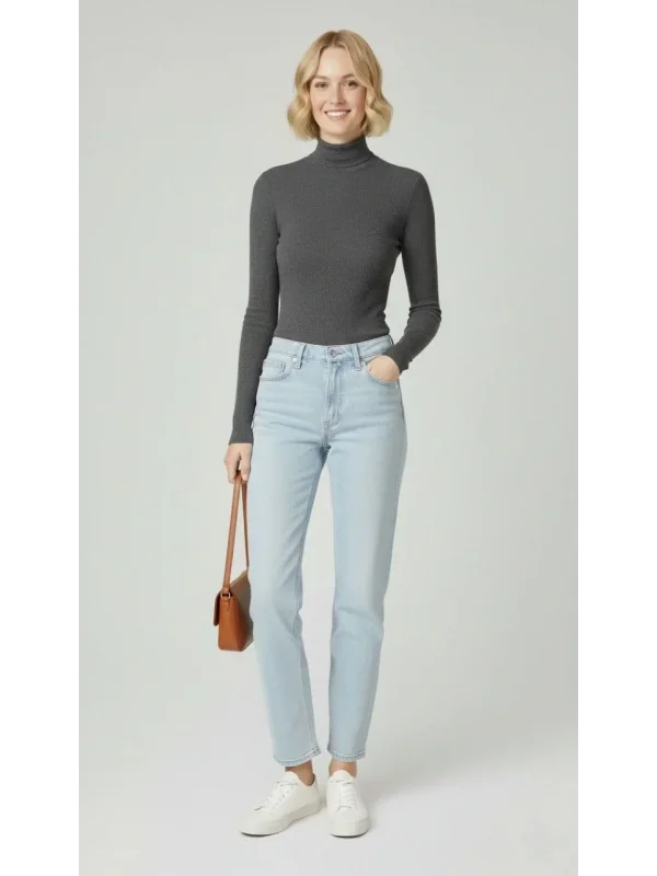 Kadın Tam Boğazlı Fitilli Likrali Kaşkorse Badi İnce Uzun Kollu Kazak - Antrasit