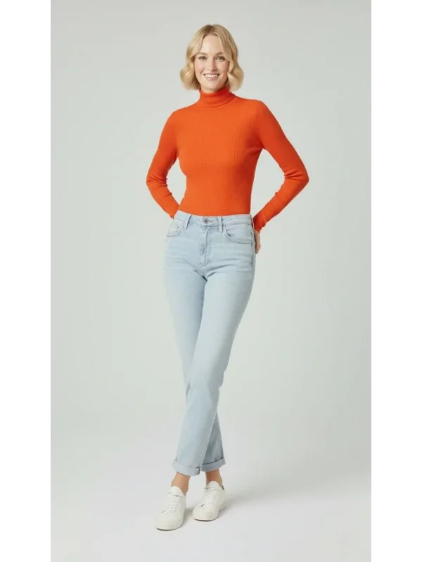 Kadın Tam Boğazlı Fitilli Likrali Kaşkorse Badi İnce Uzun Kollu Kazak - Turuncu