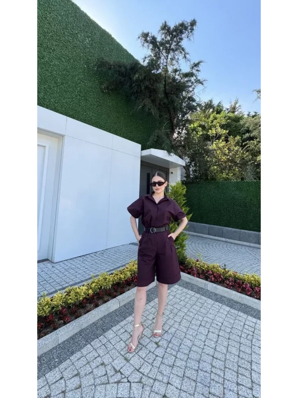 Kadın Yakalı Gömlek Kemerli Şortlu Takım - Bordo