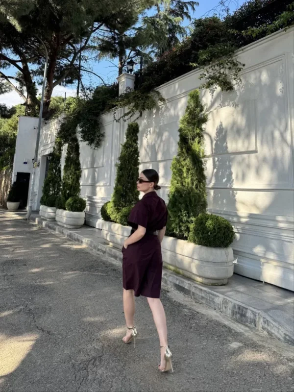 Kadın Yakalı Gömlek Kemerli Şortlu Takım - Bordo