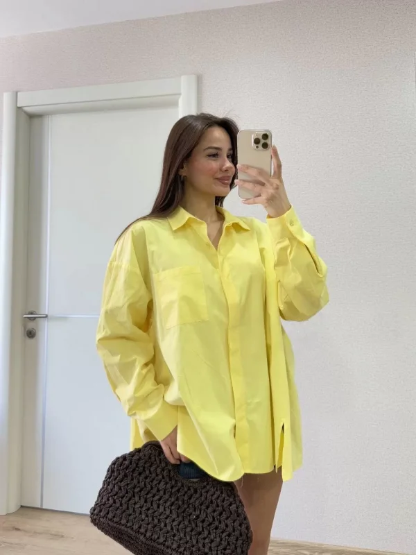 Poplin Kadın Yakalı Yandan Yırtmaçlı Arka Pens Detaylı Gömlek - Sarı