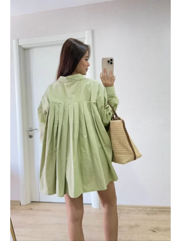 Poplin Kadın Yakalı Yandan Yırtmaçlı Arka Pens Detaylı Gömlek - Yeşil