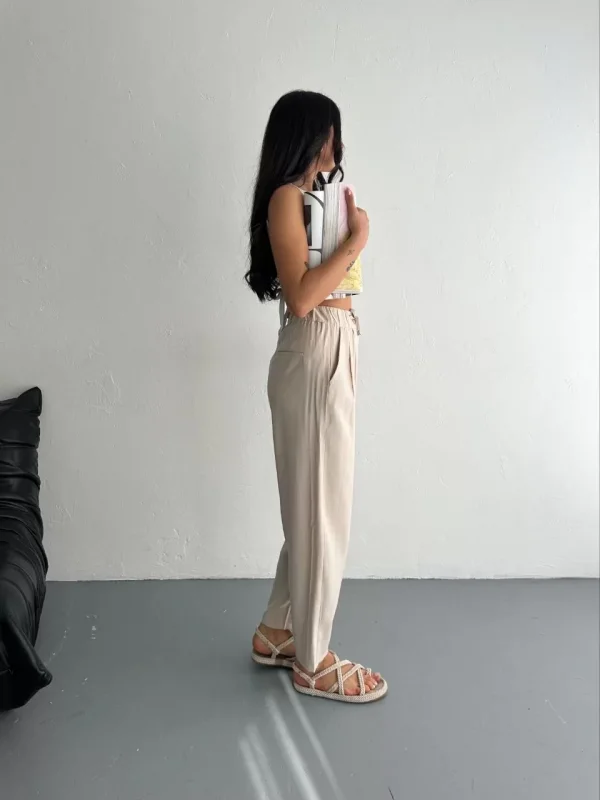 Kadın Yüksel Bel Beli Bağcıklı Rahat Boru Paça Pantalon - Kırık Beyaz