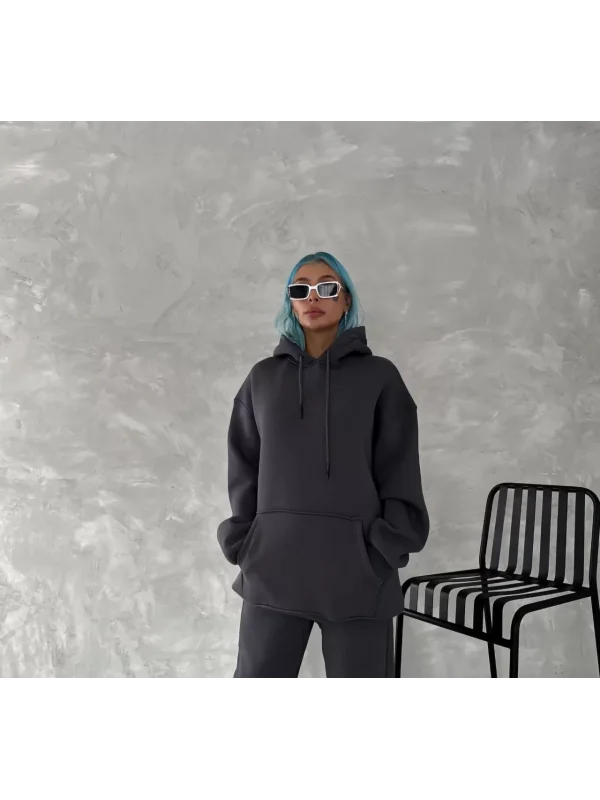 Kapüşonlu Üç İplik Penye Basic SweatShirt - Füme