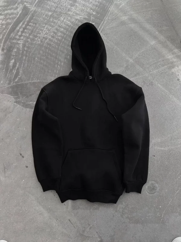 Kapüşonlu Üç İplik Penye Basic SweatShirt - Siyah