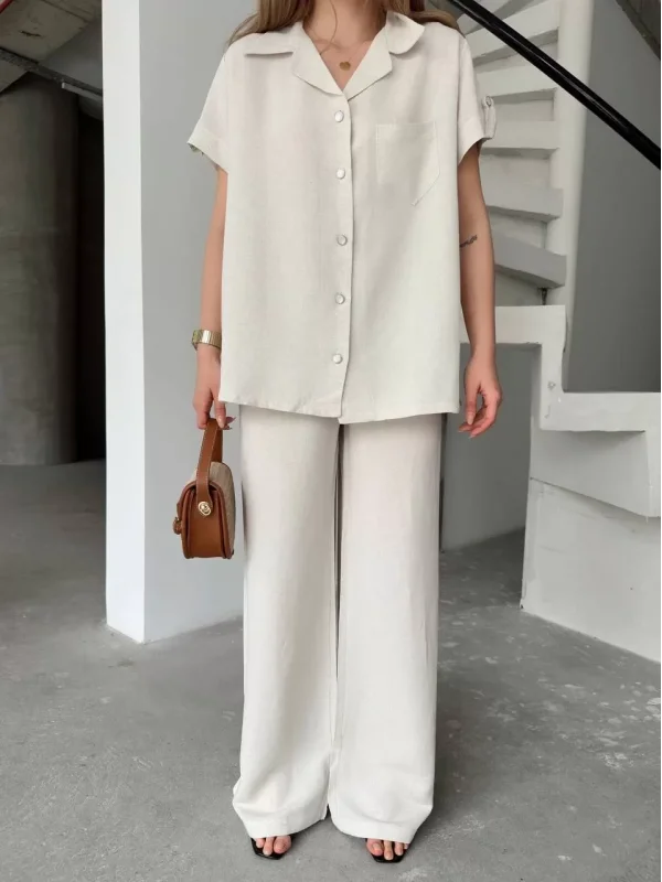 Keten Kısa Kollu Cepli Gömlek Pantolon ikili Takım - Beyaz