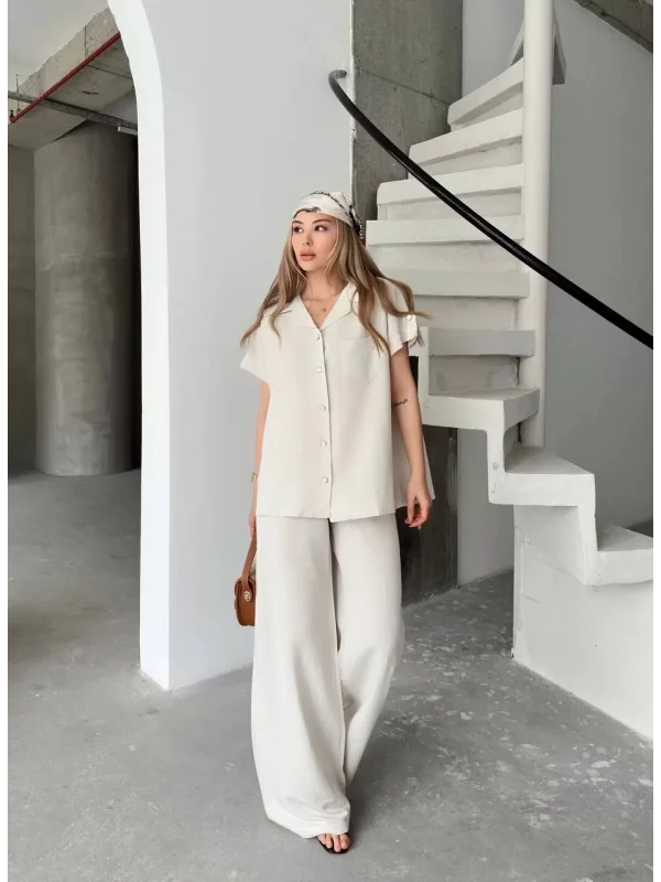 Keten Kısa Kollu Cepli Gömlek Pantolon ikili Takım - Beyaz
