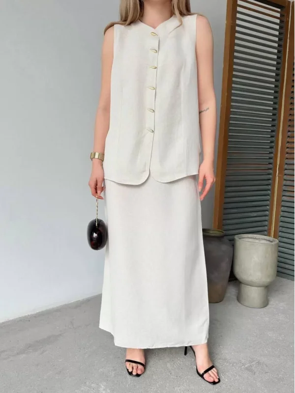 Keten Kolsuz Sıfır Yaka İlik Düğmeli Kolsuz Hırka Etek ikili Takım- Beyaz