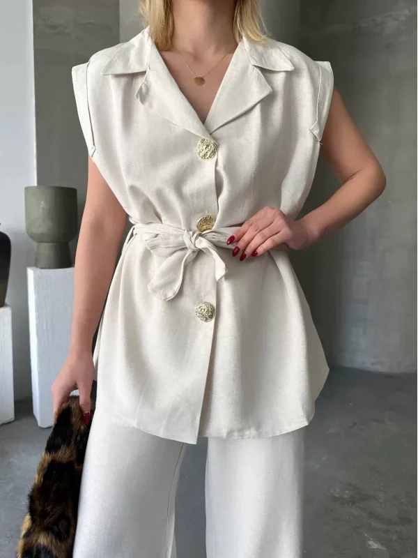 Keten Sıfır Kol Kuşaklı Ceket Pantolon ikili Takım - Beyaz