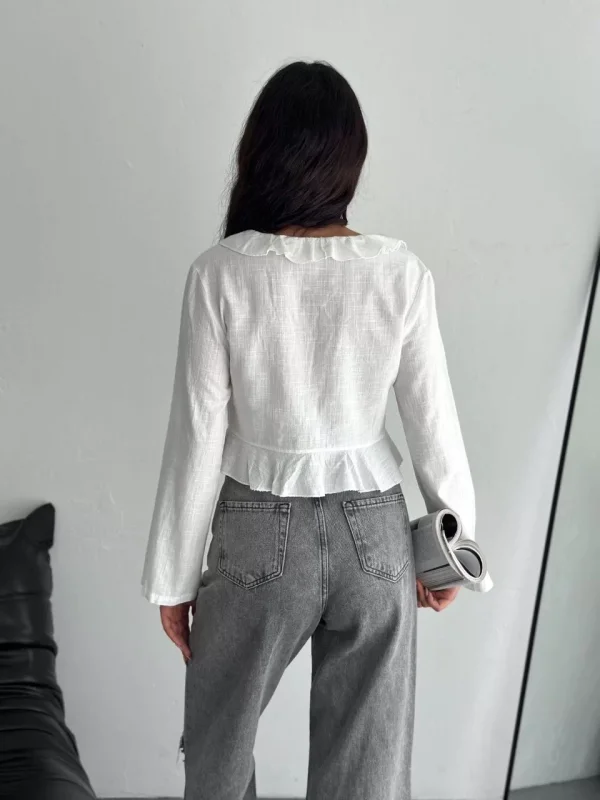 Keten Uzun Kol Bağacık Detaylı Bluz - Beyaz