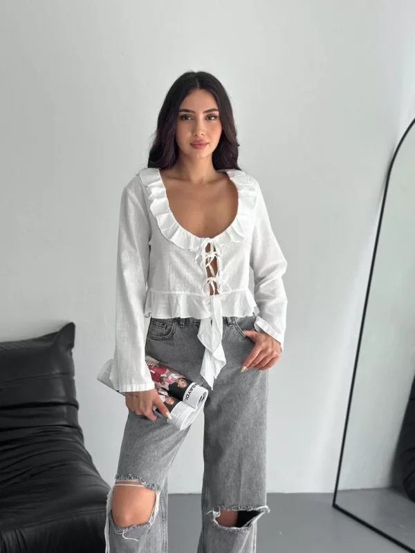 Keten Uzun Kol Bağacık Detaylı Bluz - Beyaz