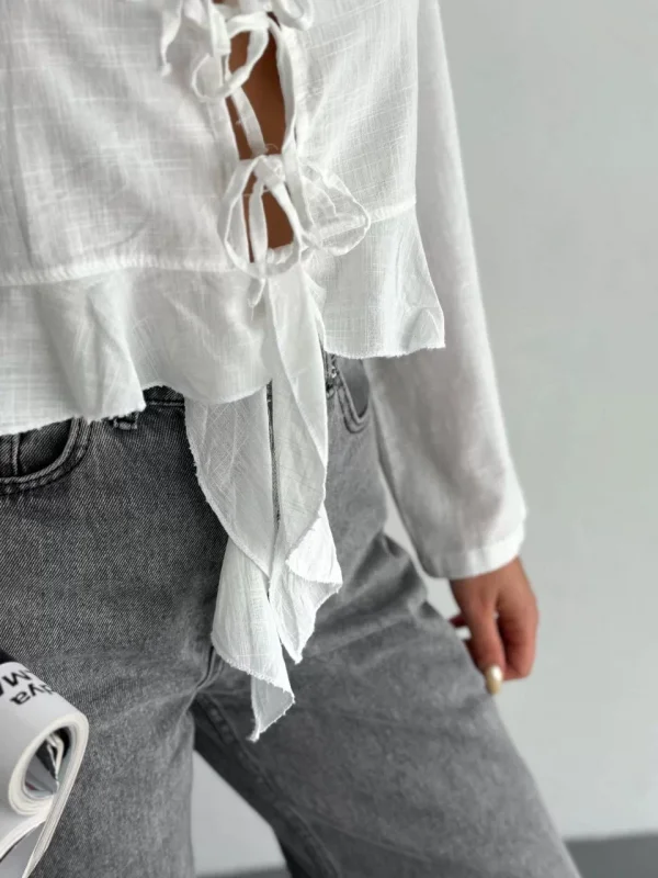 Keten Uzun Kol Bağacık Detaylı Bluz - Beyaz