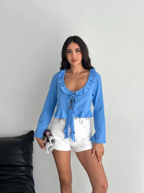 Keten Uzun Kol Bağacık Detaylı Bluz - Mavi