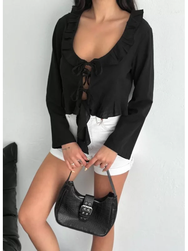 Keten Uzun Kol Bağacık Detaylı Bluz - Siyah