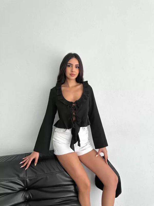 Keten Uzun Kol Bağacık Detaylı Bluz - Siyah