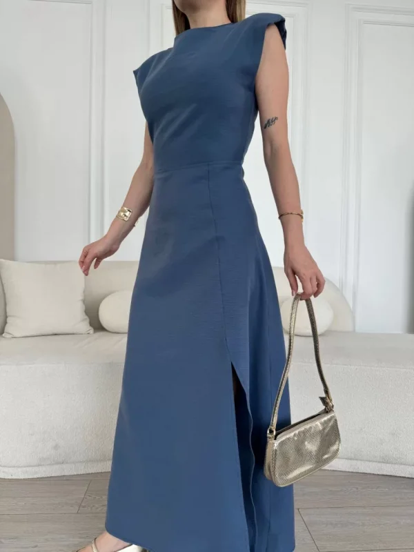 Keten Yandan Yırtmaçlı Uzun Elbise Sıfır Kol Elbise - Mavi