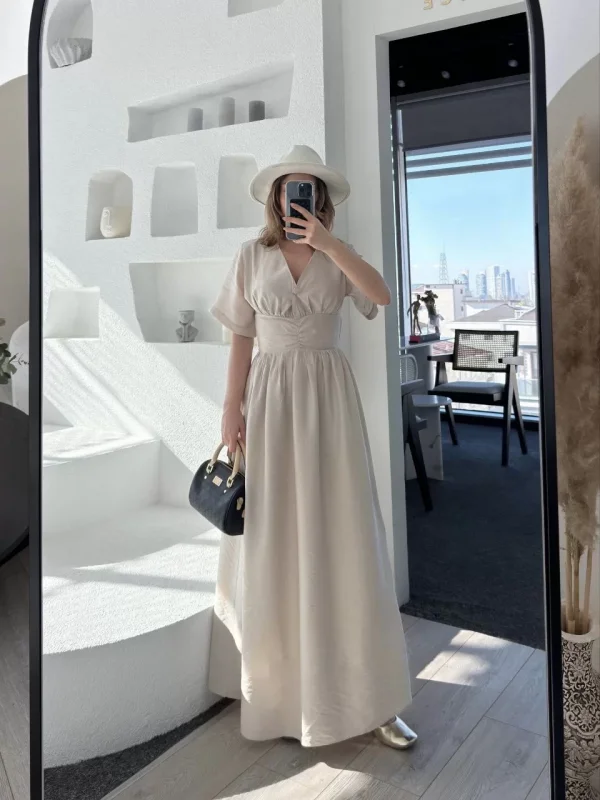 Kısa Kollu Uzun Elbise - Kırık Beyaz