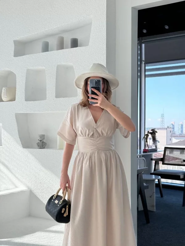 Kısa Kollu Uzun Elbise - Kırık Beyaz