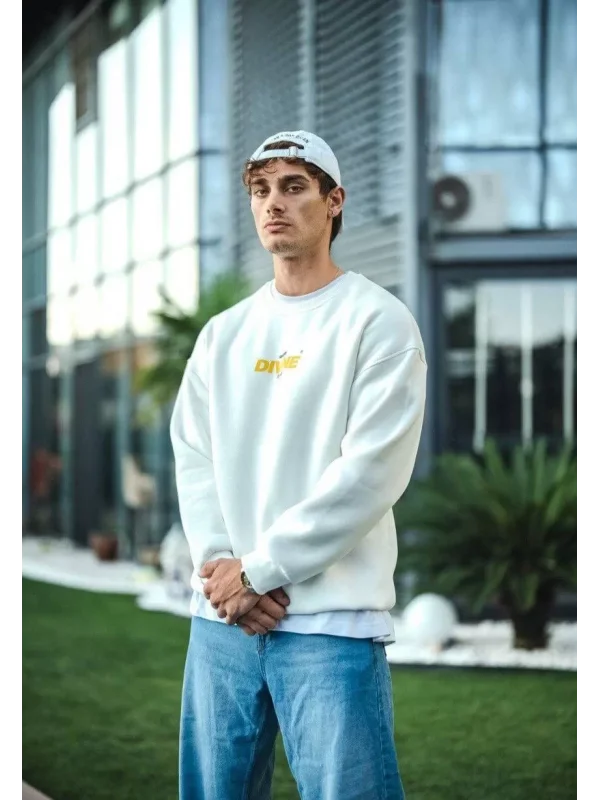 Kışlık Bisiklet Yaka Baskılı SweatShirt - Beyaz