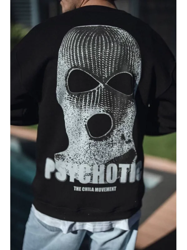 Kışlık Bisiklet Yaka Baskılı SweatShirt - Siyah