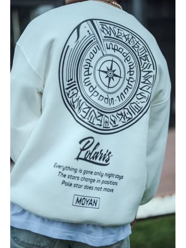 Kışlık Bisiklet Yaka Ön Ve Arka Baskılı SweatShirt - Beyaz