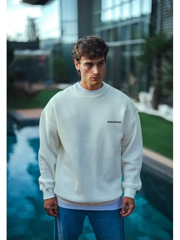 Kışlık Bisiklet Yaka Oversize Baskılı SweatShirt - Beyaz