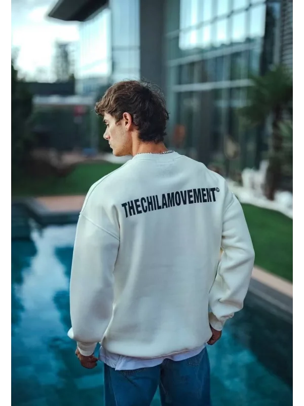 Kışlık Bisiklet Yaka Oversize Baskılı SweatShirt - Beyaz