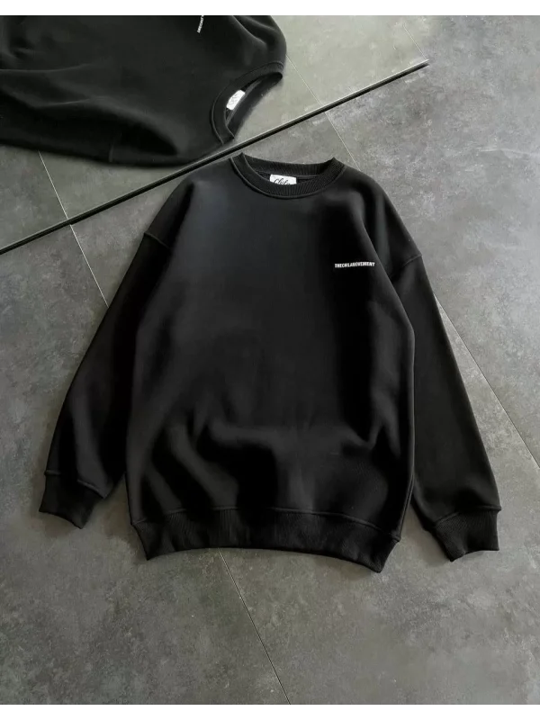 Kışlık Bisiklet Yaka Oversize Baskılı SweatShirt - Siyah