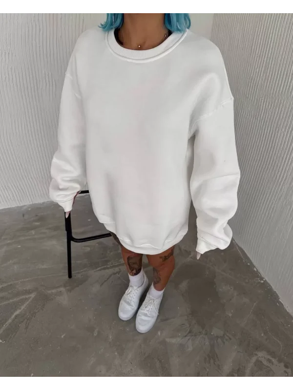 Kışlık Bisiklet Yaka Üç İplik Basic SweatShirt - Beyaz