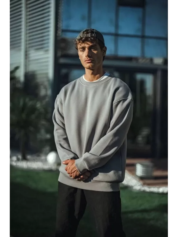 Kışlık Bisiklet Yaka Üç İplik Basic SweatShirt - Boyalı Gri