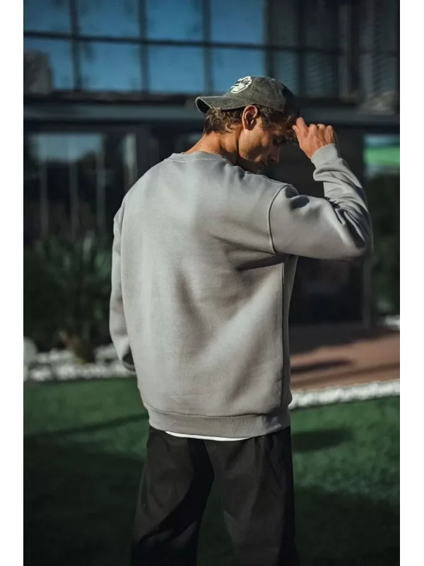 Kışlık Bisiklet Yaka Üç İplik Basic SweatShirt - Boyalı Gri