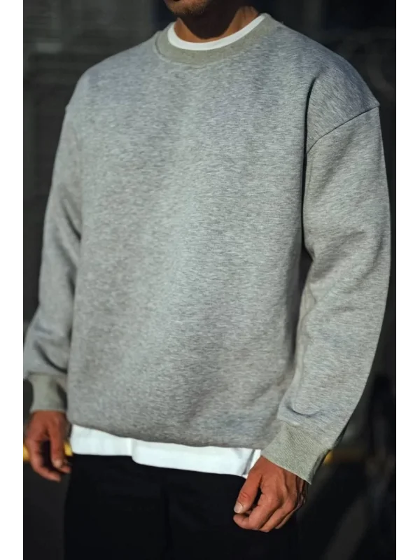 Kışlık Bisiklet Yaka Üç İplik Basic SweatShirt - Gri