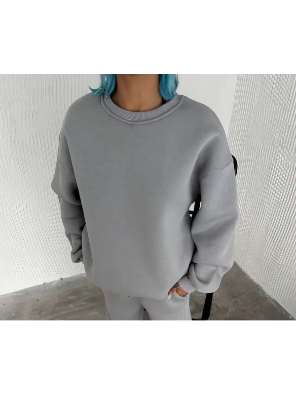 Kışlık Bisiklet Yaka Üç İplik Basic SweatShirt - Gri