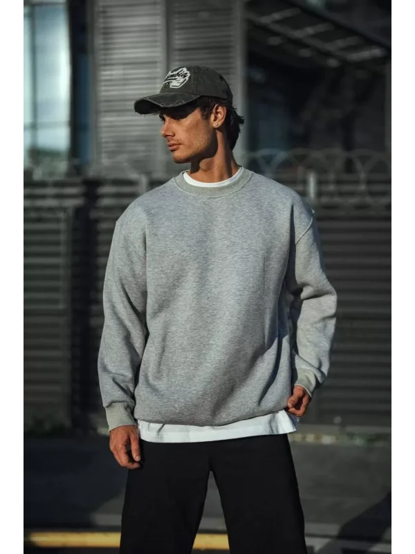 Kışlık Bisiklet Yaka Üç İplik Basic SweatShirt - Gri