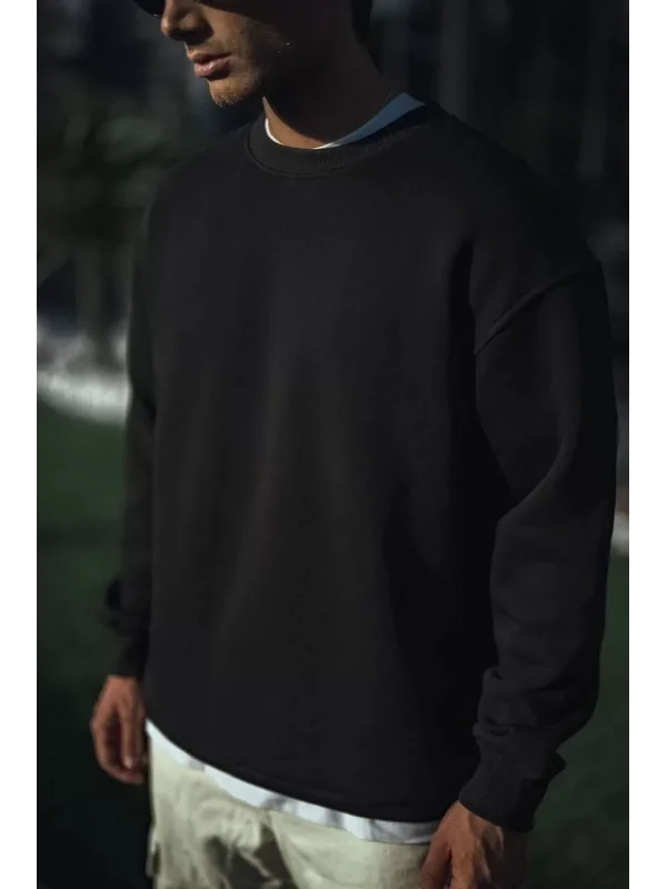 Kışlık Bisiklet Yaka Üç İplik Basic SweatShirt - Siyah