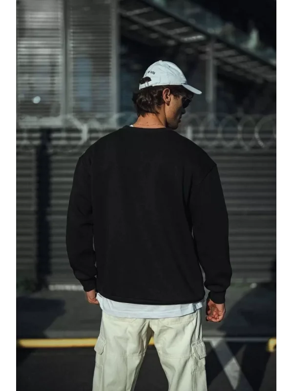 Kışlık Bisiklet Yaka Üç İplik Basic SweatShirt - Siyah