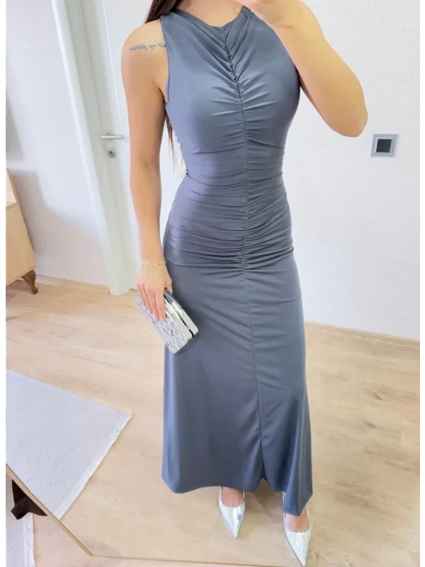 Bürümcük Kumaşlı İçi Astarlı Üzgülü Kolsuz Büzgülü Uzun Elbise - Füme