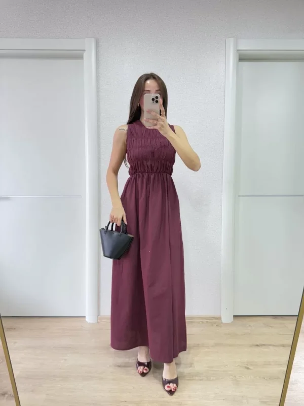 Kolsuz Göğüs Lastıklı %100 Poplin Uzun Elbise - Bordo