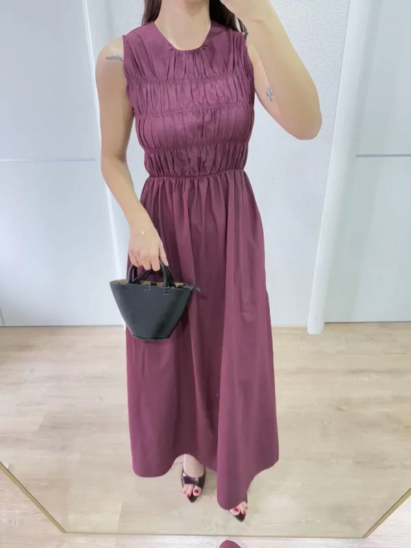 Kolsuz Göğüs Lastıklı %100 Poplin Uzun Elbise - Bordo