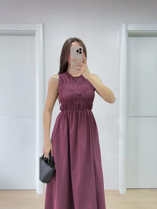 Kolsuz Göğüs Lastıklı %100 Poplin Uzun Elbise - Bordo