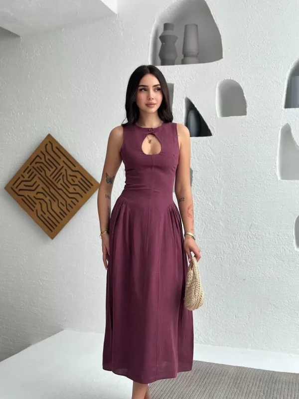 Kolsuz Uzun Kabardin Elbise - Bordo