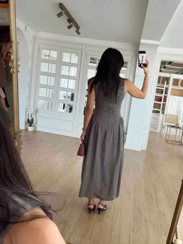 Kolsuz Uzun Kabardin Elbise - Gri