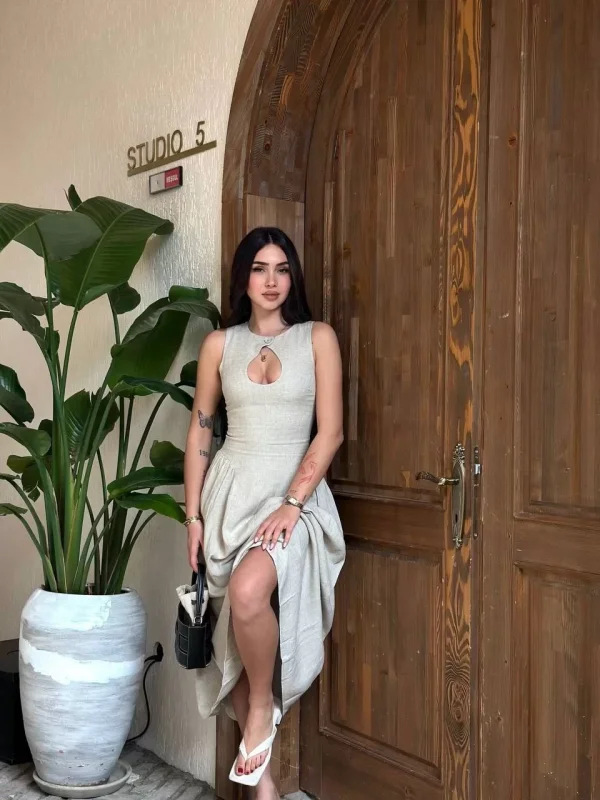 Kolsuz Uzun Kabardin Elbise - Gri