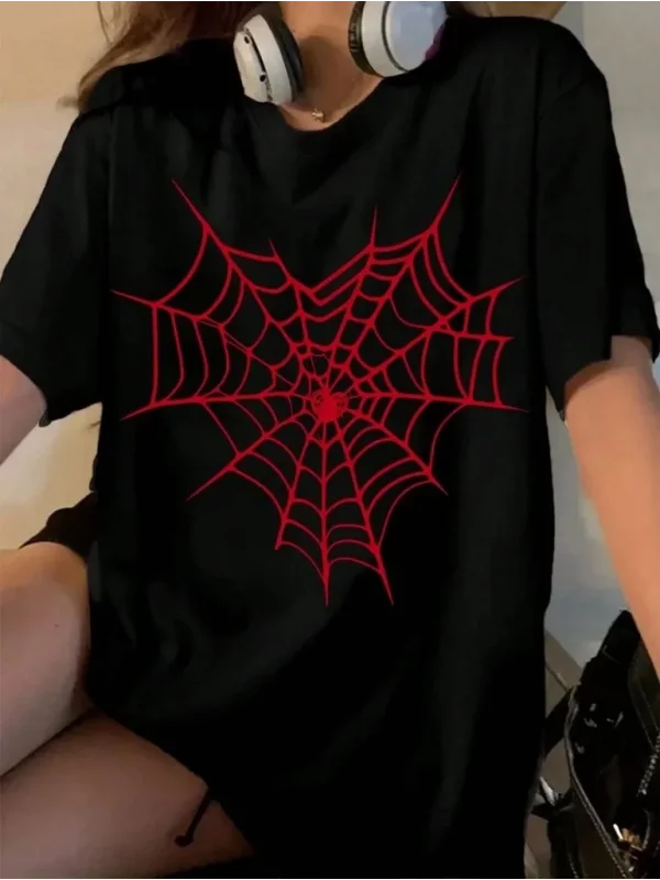 Lushiowear Kadın Örümcek Ağ Baskılı T-Shirt Kısa Kol Bisiklet Yaka Oversize Tişört - Siyah