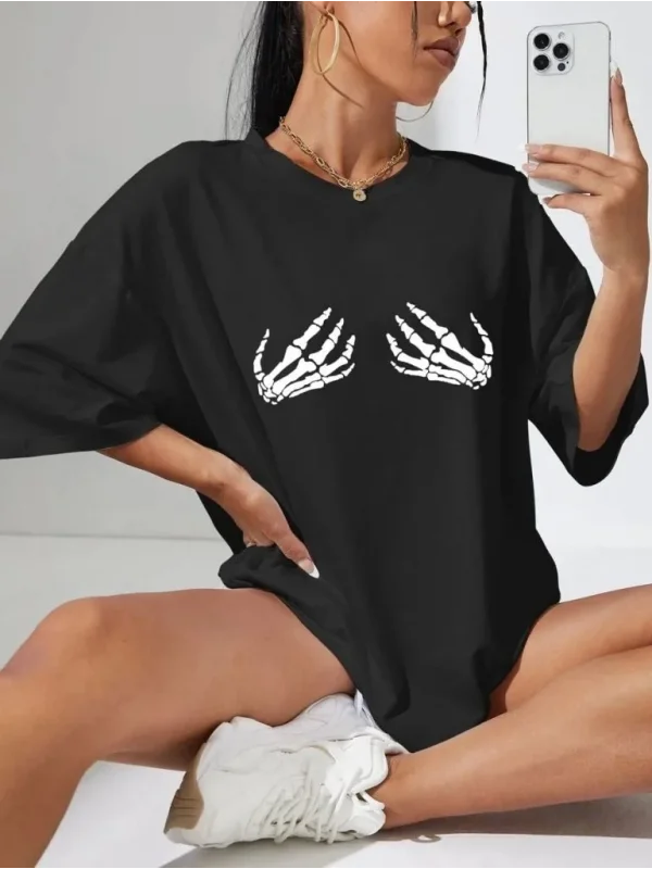 Lushiowear Kadın Baskılı T-Shirt Kısa Kol Bisiklet Yaka Oversize Rahat Kalıp Tişört - Siyah