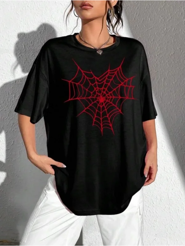 Lushiowear Kadın Örümcek Ağ Baskılı T-Shirt Kısa Kol Bisiklet Yaka Oversize Tişört - Siyah