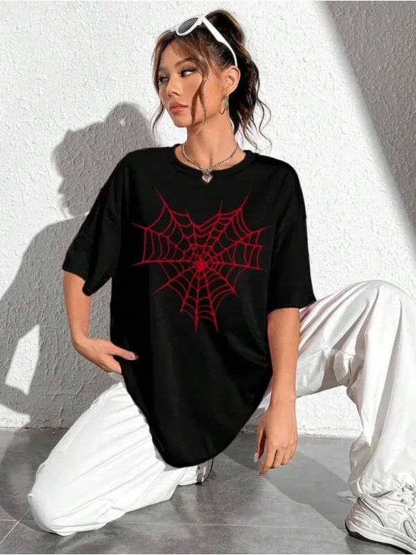 Lushiowear Kadın Örümcek Ağ Baskılı T-Shirt Kısa Kol Bisiklet Yaka Oversize Tişört - Siyah