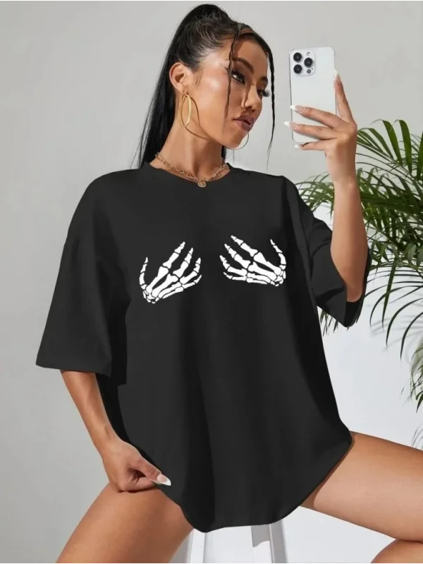 Lushiowear Kadın Baskılı T-Shirt Kısa Kol Bisiklet Yaka Oversize Rahat Kalıp Tişört - Siyah