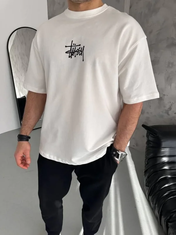 Lushiowear Erkek Tişört Bisiklet Yaka Baskılı Oversize Kısa kol T-Shirt - Beyaz